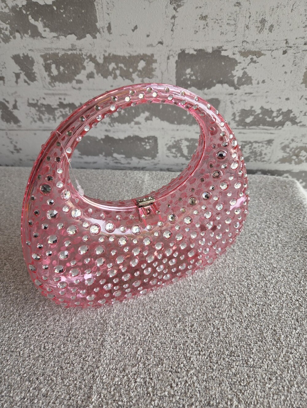 Pink Rhinestone Encrusted Acrylic Round Top Handle Clutch Bag - Picture 4 of 5